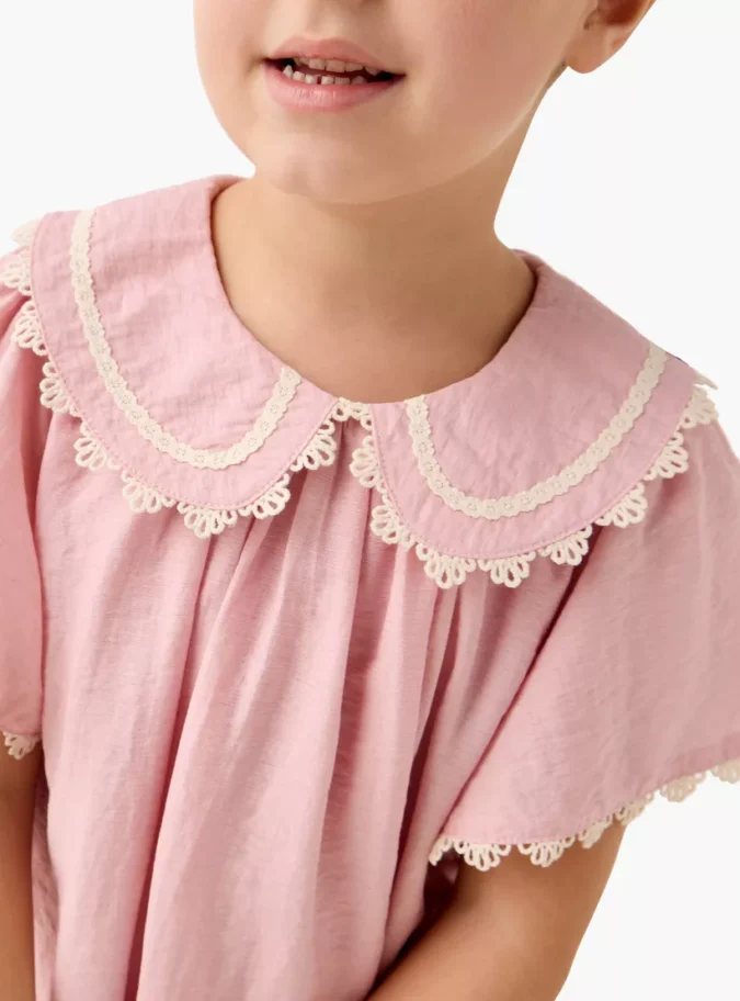 Lace Detail Peter Pan Collar Dress with Flutter Sleeves-4