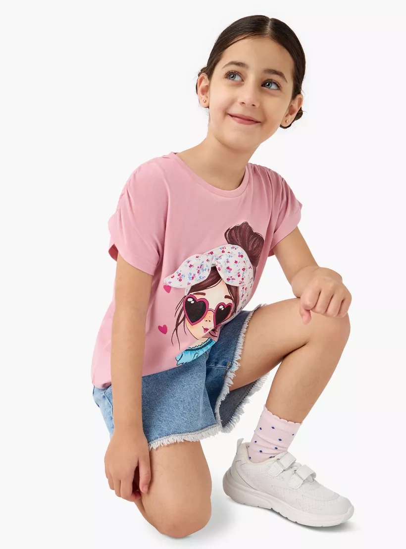 Lee Cooper Graphic Print T-shirt with Ruched Sleeves-2