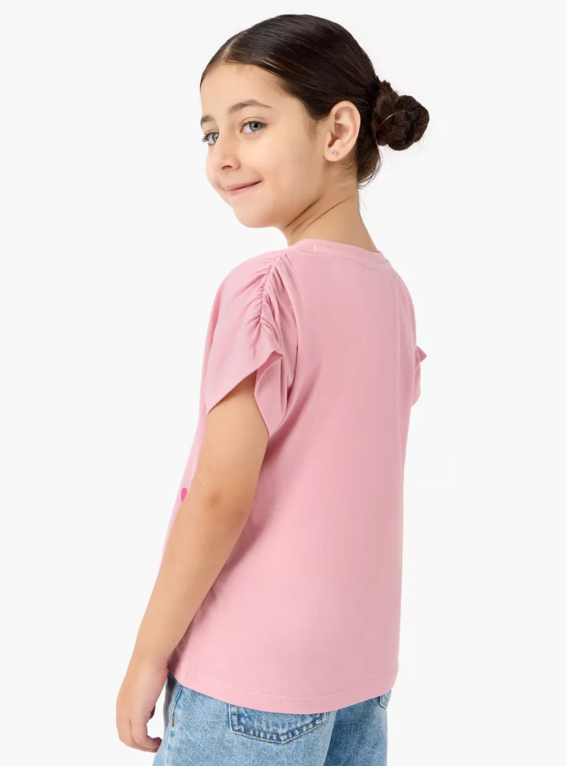 Lee Cooper Graphic Print T-shirt with Ruched Sleeves-3