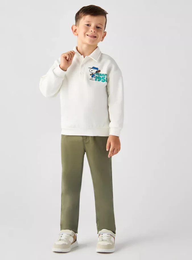 Peanut Print Collared Pullover with Long Sleeves-2