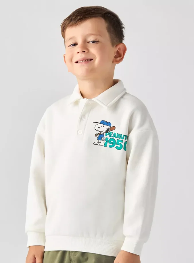 Peanut Print Collared Pullover with Long Sleeves-3