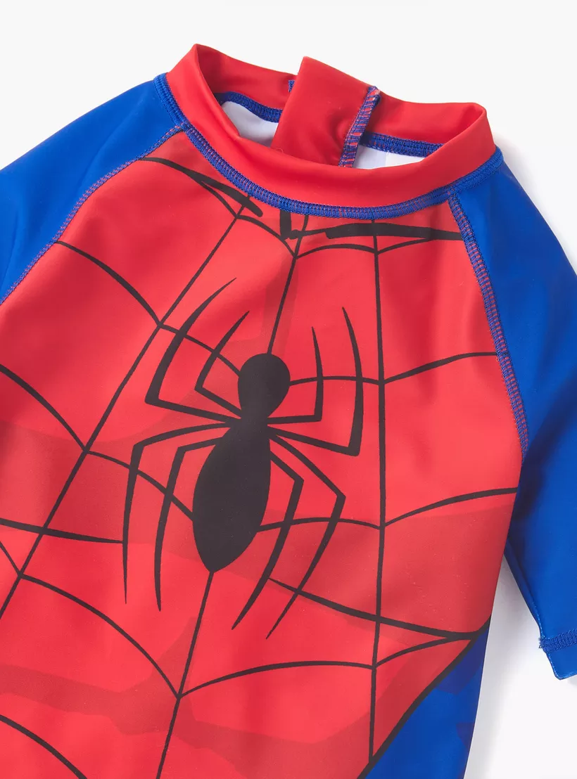 Spider-Man Print Swimsuit with Round Neck and Short Sleeves-3