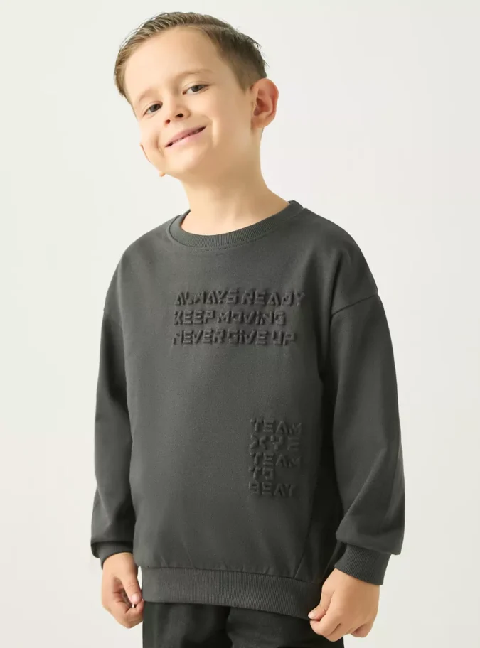 XYZ Slogan Embossed Sweatshirt with Long Sleeves-