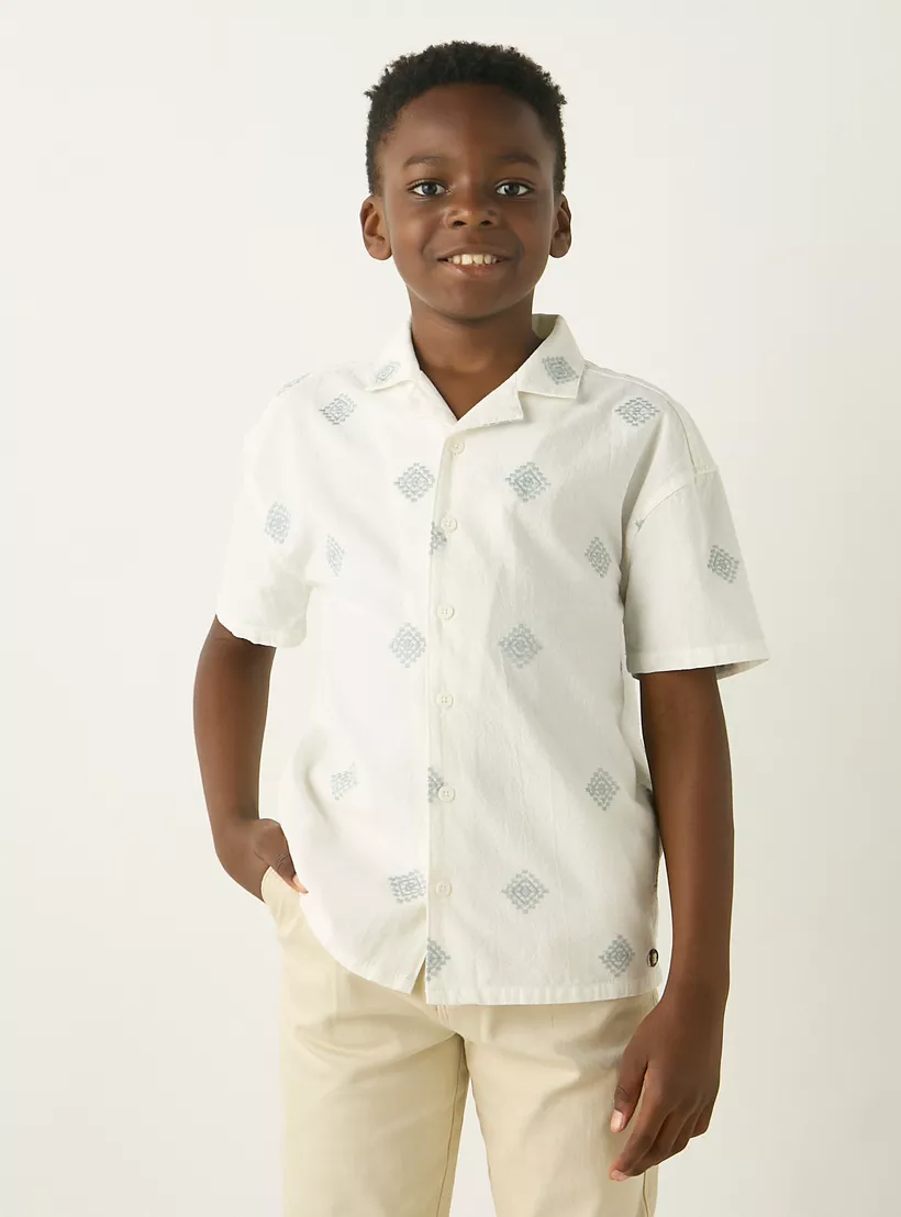 All-Over Print Cotton Camp Collar Shirt with Short Sleeves-1