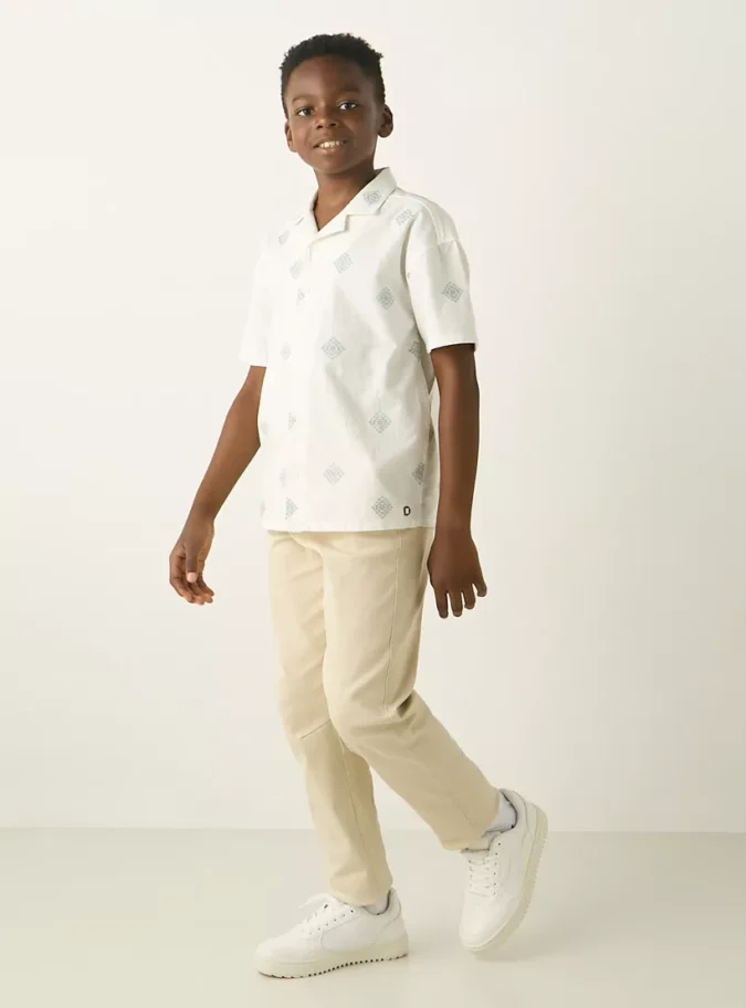 All-Over Print Cotton Camp Collar Shirt with Short Sleeves