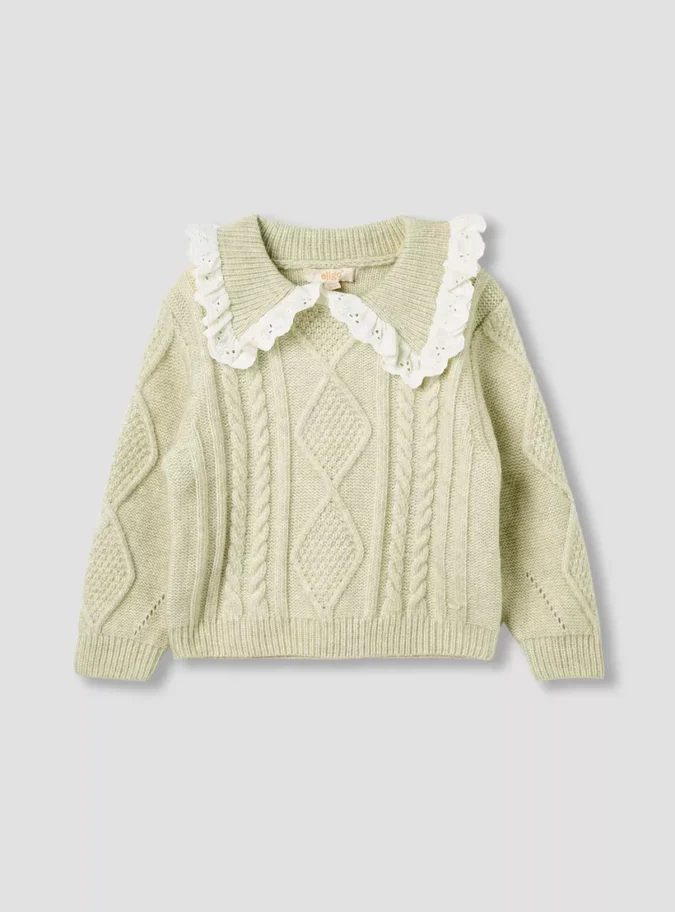 Cable Knit Textured Sweater with Scalloped Trim Collar and Long Sleeves-1
