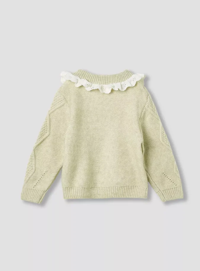 Cable Knit Textured Sweater with Scalloped Trim Collar and Long Sleeves-2