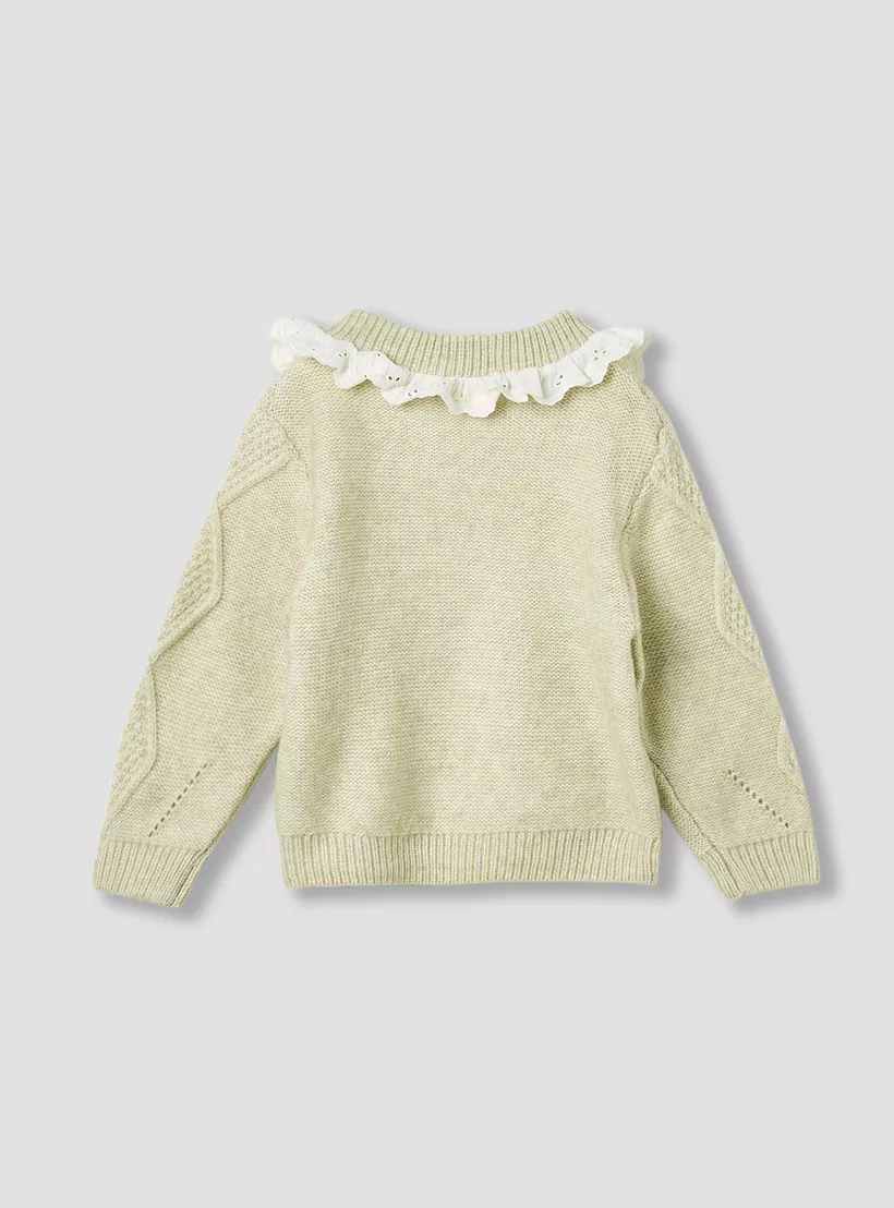 Cable Knit Textured Sweater with Scalloped Trim Collar and Long Sleeves-2