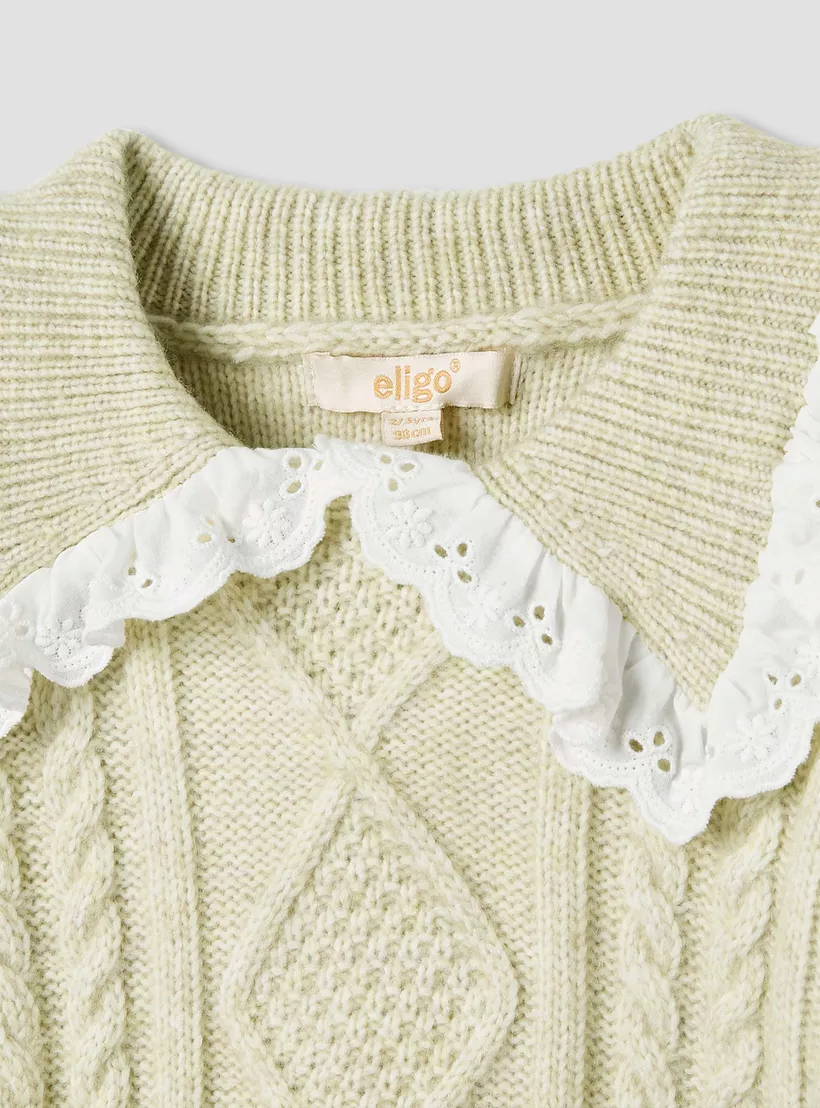 Cable Knit Textured Sweater with Scalloped Trim Collar and Long Sleeves-3
