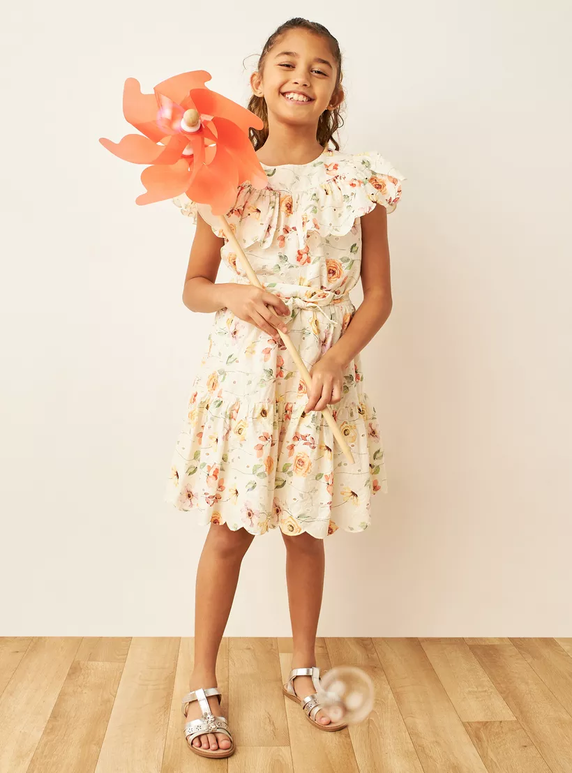 Eligo Floral Print Schiffli A-line Skirt with Tie-Up Belt-2