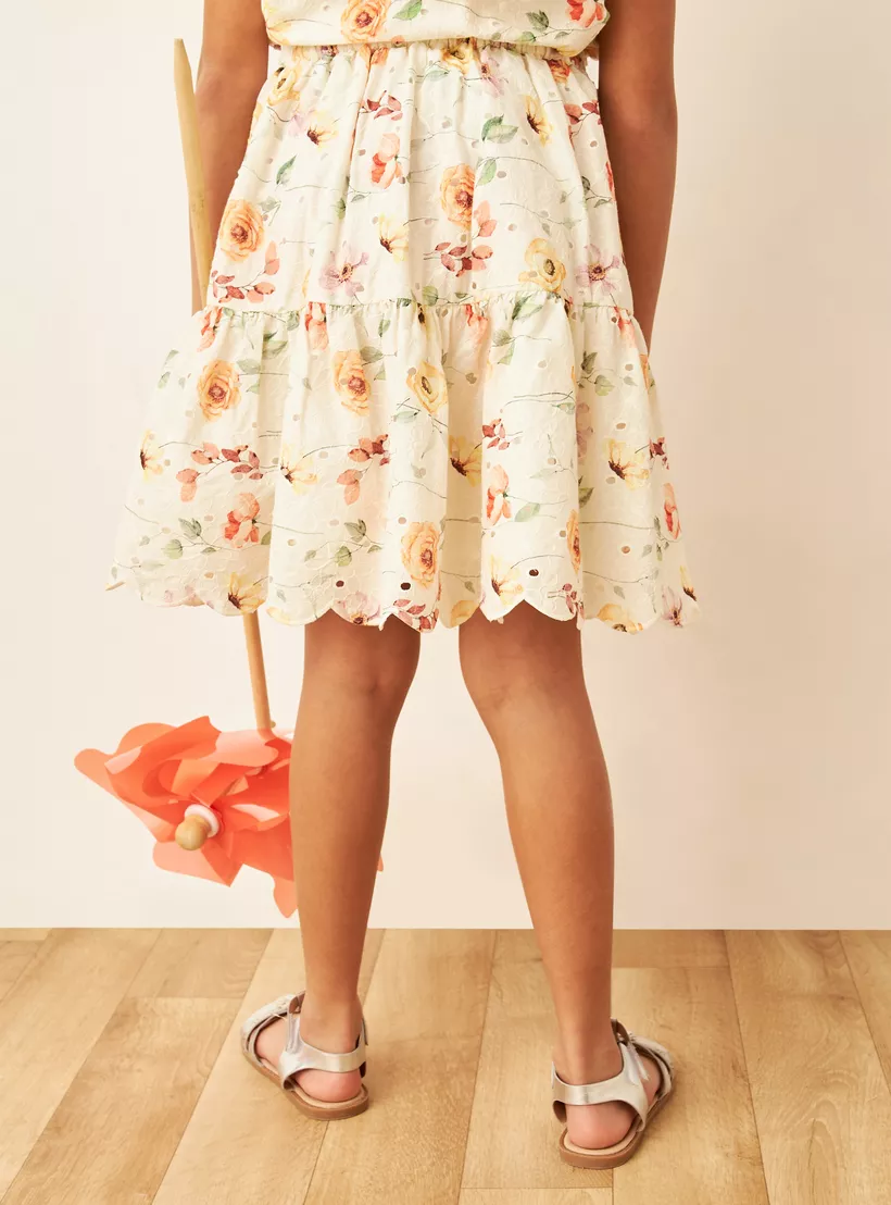 Eligo Floral Print Schiffli A-line Skirt with Tie-Up Belt-4