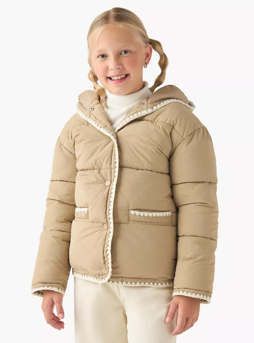 Eligo Scalloped Trim Puffer Heavy Jacket with Hood and Button Closure-2