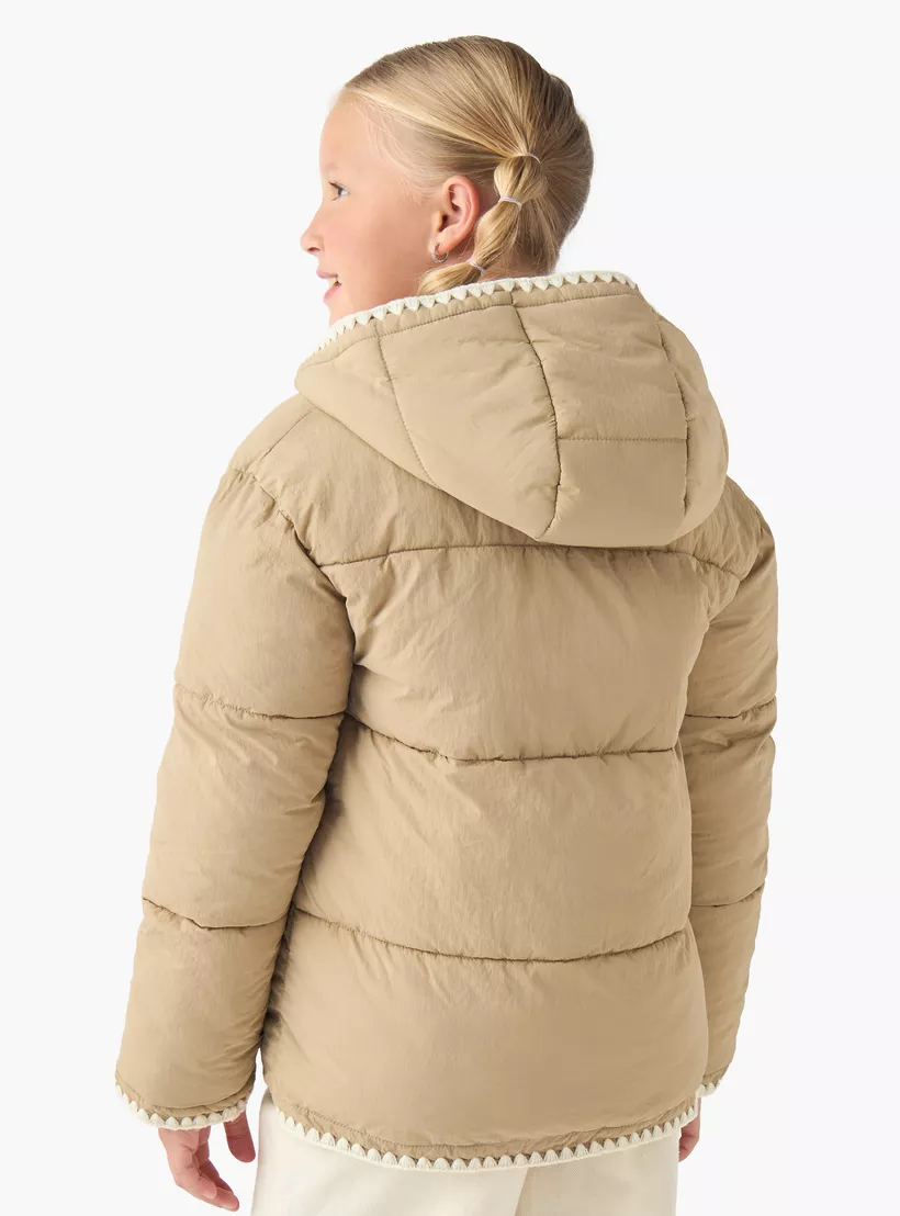 Eligo Scalloped Trim Puffer Heavy Jacket with Hood and Button Closure-3