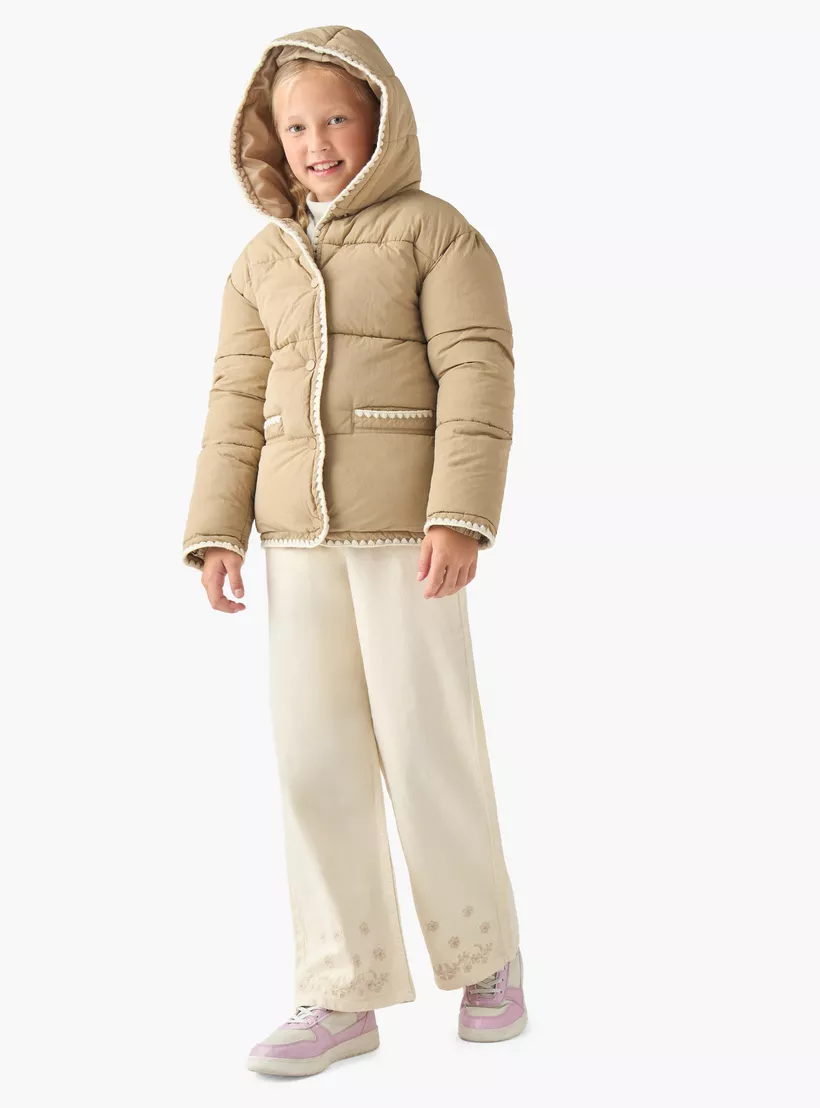 Eligo Scalloped Trim Puffer Heavy Jacket with Hood and Button Closure-4