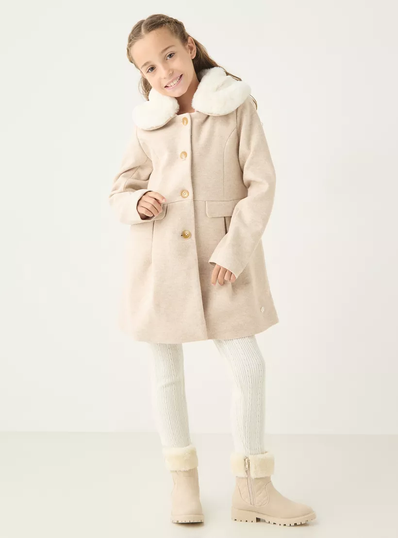 Eligo Solid Longline Jacket with Long Sleeves and Faux Fur Detail-2