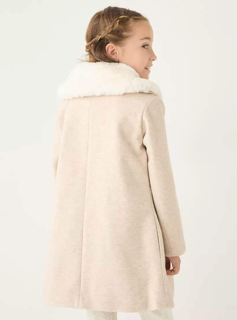 Eligo Solid Longline Jacket with Long Sleeves and Faux Fur Detail-3