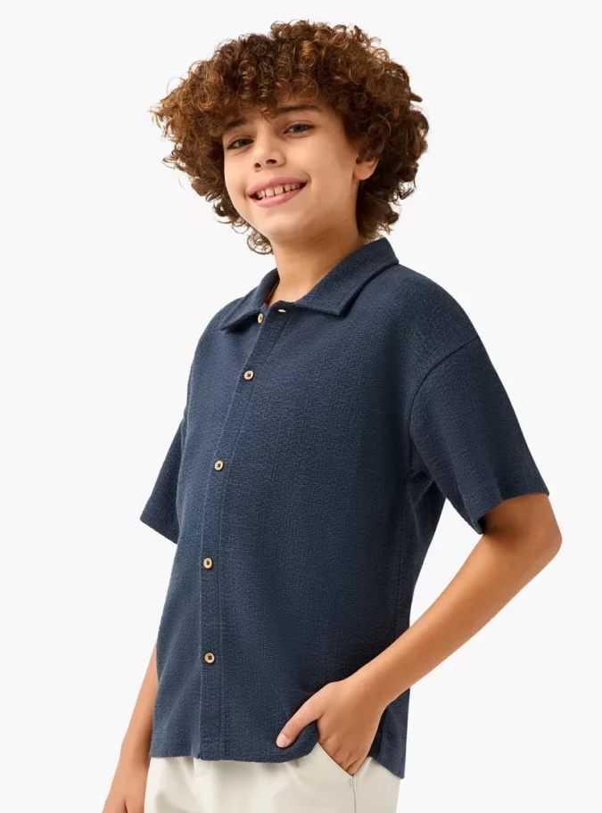 Eligo Textured Shirt with Collar and Short Sleeves-1