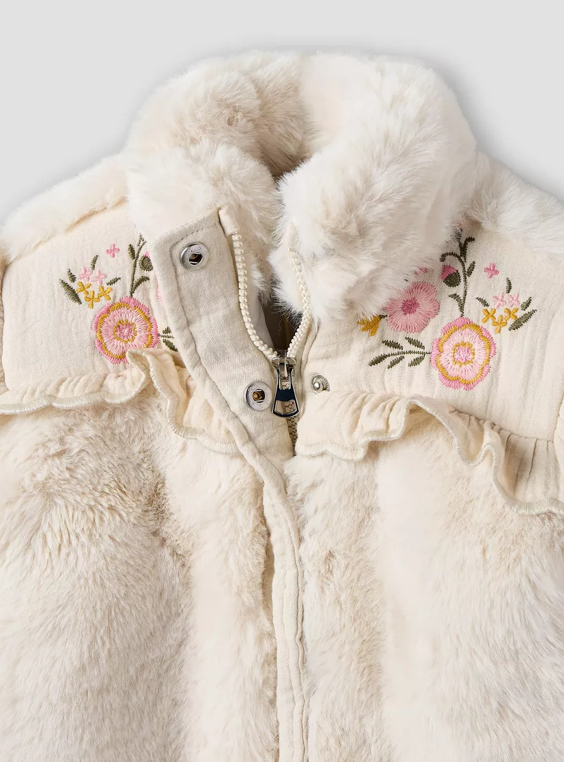 Floral Embroidered Plush Jacket with Long Sleeves-3