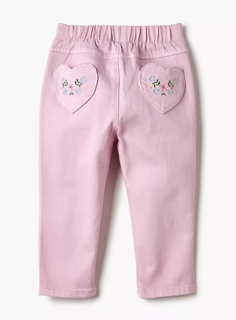 Giggles Embroidered Pants with Semi-Elasticated Waistband and Pockets-2