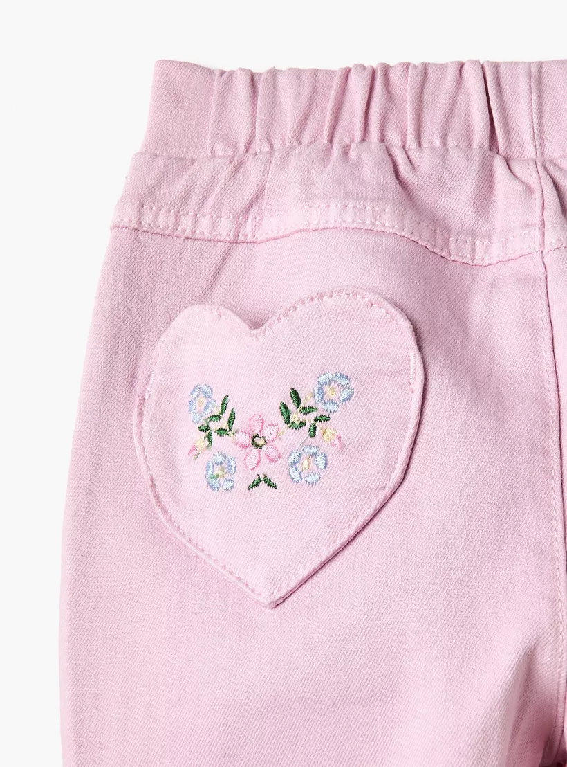 Giggles Embroidered Pants with Semi-Elasticated Waistband and Pockets-4