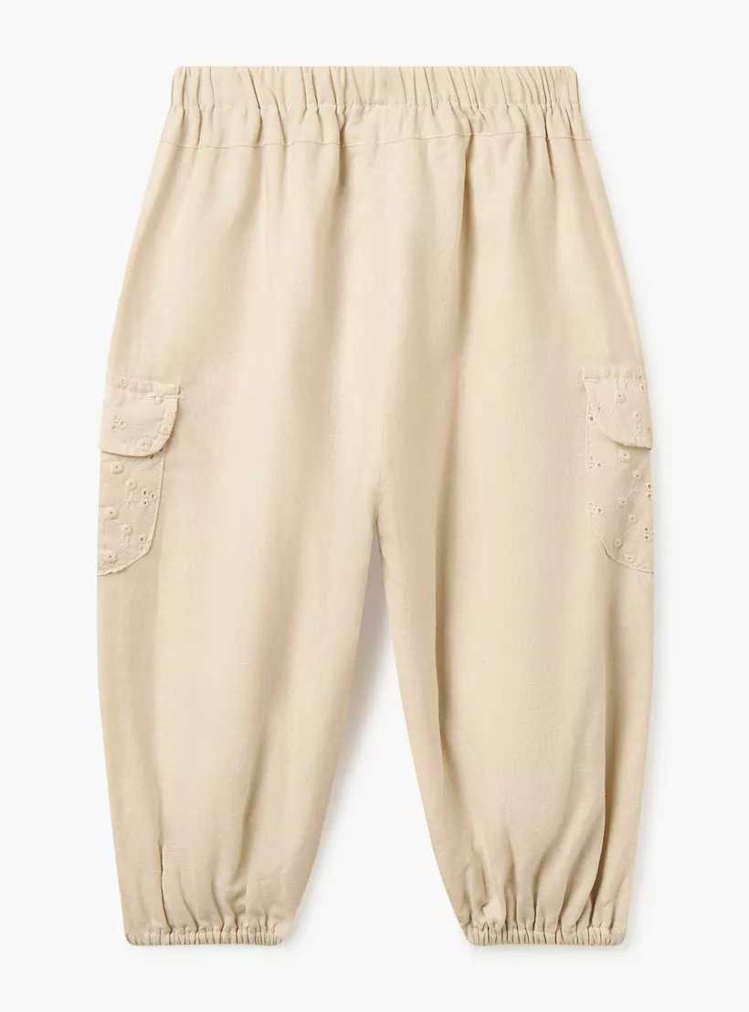 Giggles Solid Joggers with Schiffli Detail Pockets and Elasticated Waistband-2