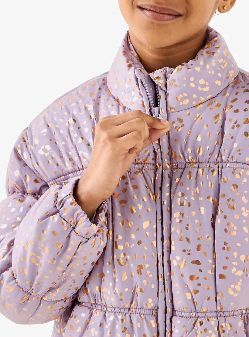 Juniors All-Over Print Zip Through Puffer Jacket with Pockets-4