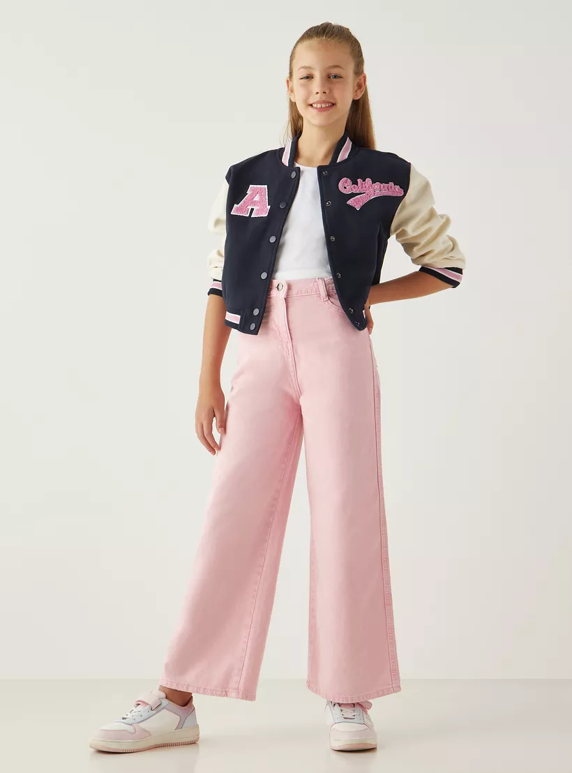 Juniors Applique Detail Varsity Jacket with Button Closure-2