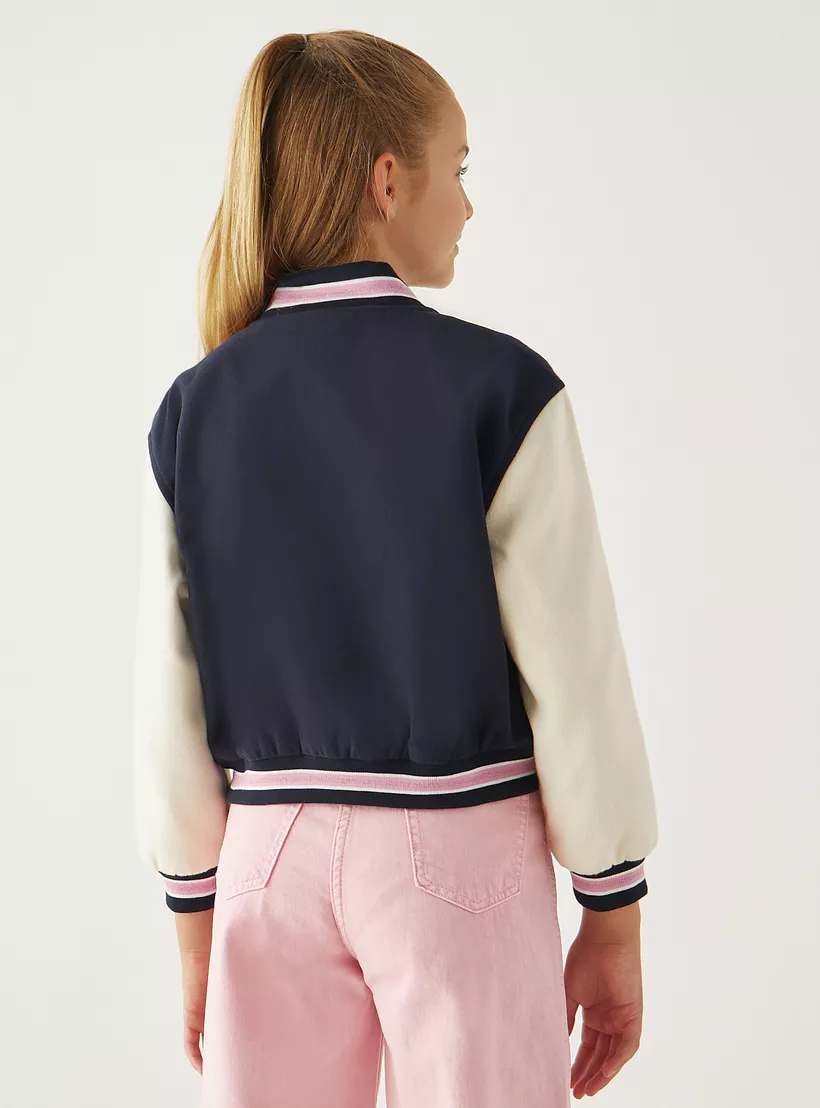 Juniors Applique Detail Varsity Jacket with Button Closure-3