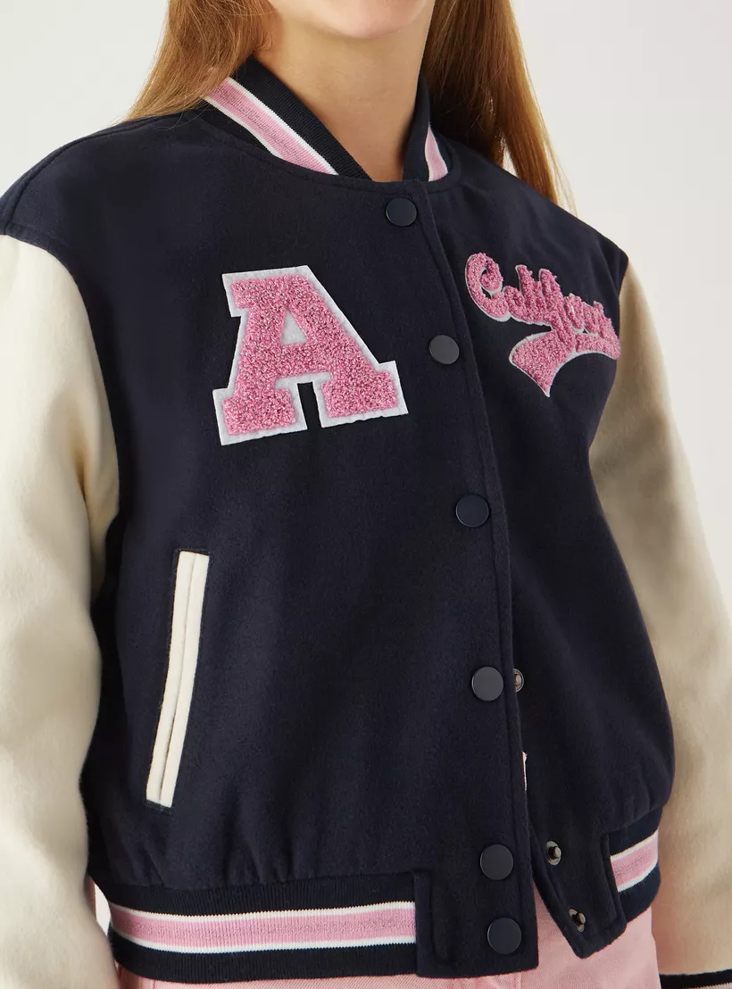 Juniors Applique Detail Varsity Jacket with Button Closure-4