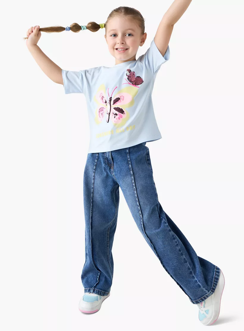 Juniors Butterfly Sequinned T-shirt with Short Sleeves-