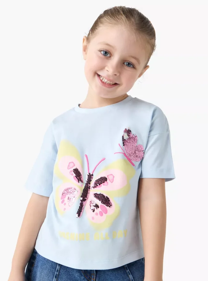 Juniors Butterfly Sequinned T-shirt with Short Sleeves-1
