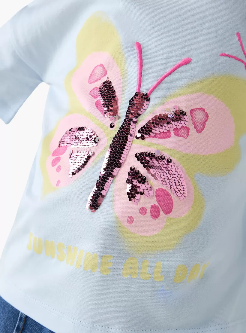 Juniors Butterfly Sequinned T-shirt with Short Sleeves-4