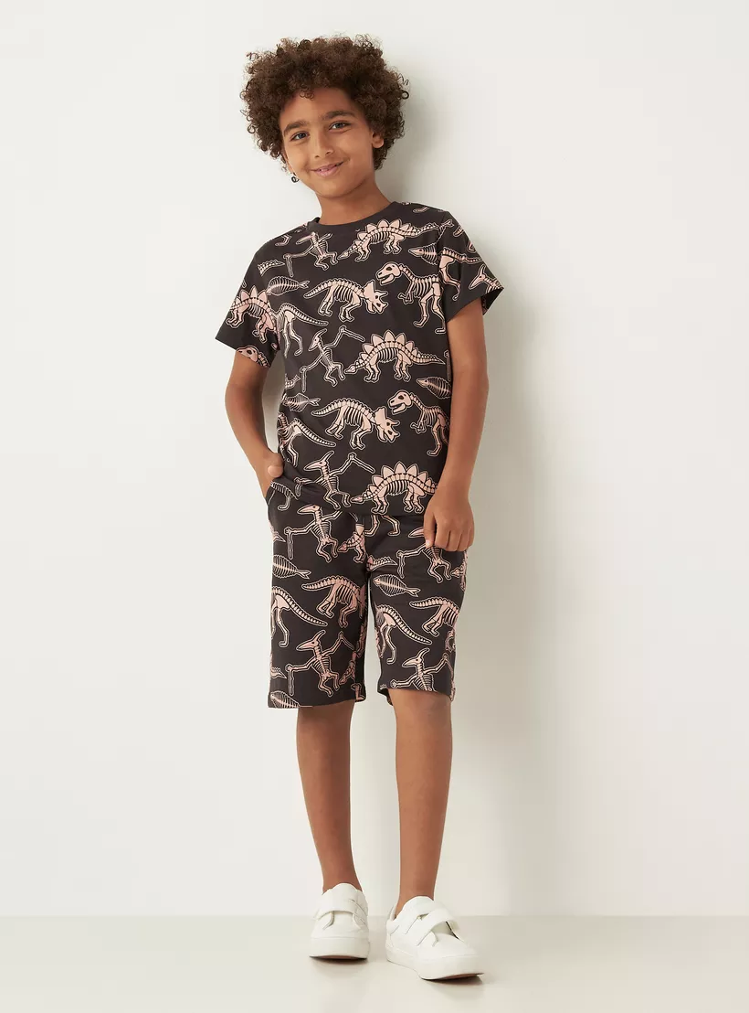 Juniors Dinosaur Graphic Print T-shirt with Crew Neck and Short Sleeves-2