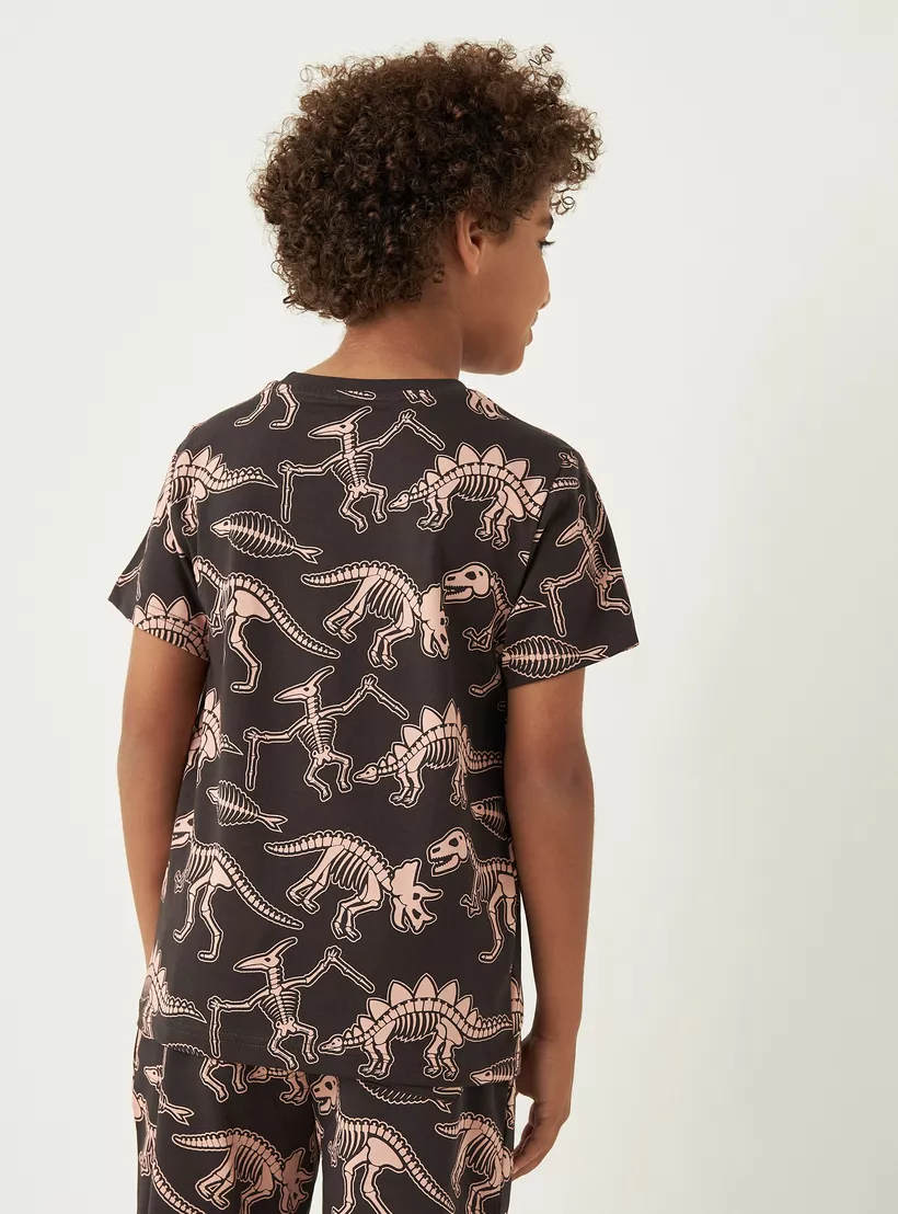 Juniors Dinosaur Graphic Print T-shirt with Crew Neck and Short Sleeves-3