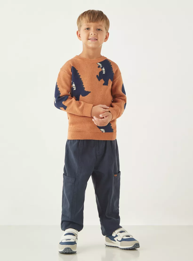 Juniors Dinosaur Textured Sweater with Long Sleeves and Crew Neck-3