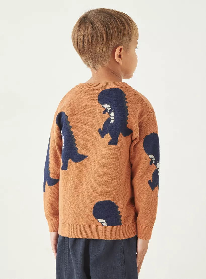 Juniors Dinosaur Textured Sweater with Long Sleeves and Crew Neck-4