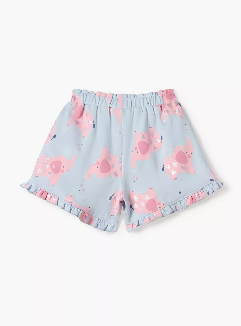 Juniors Elephant Print Shorts with Drawstring Closure and Ruffle Hem-2