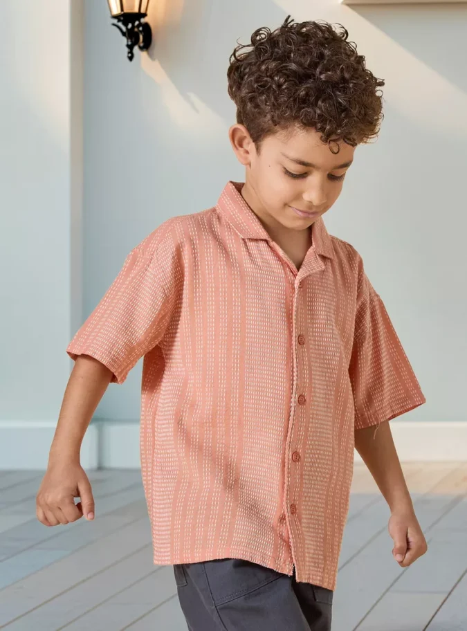 Juniors Embroidered Shirt with Camp Collar and Short Sleeves-1