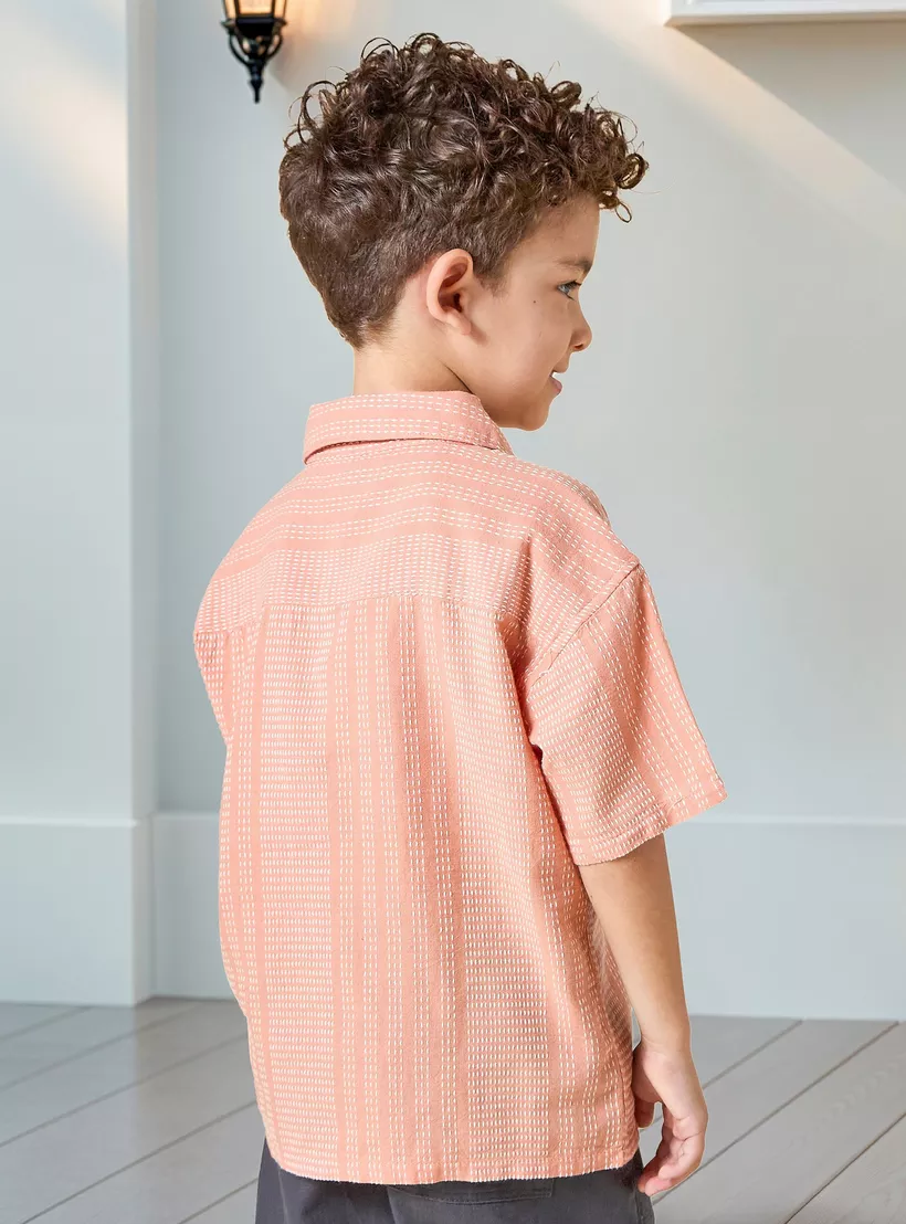 Juniors Embroidered Shirt with Camp Collar and Short Sleeves-2