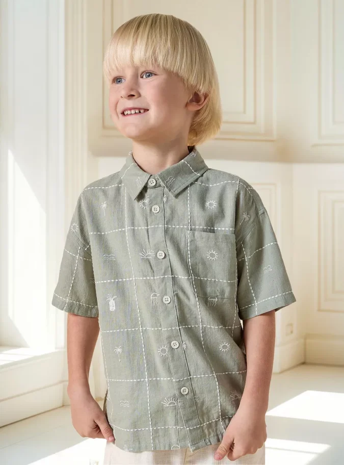 Juniors Embroidered Short Sleeve Shirt with Chest Pocket-1