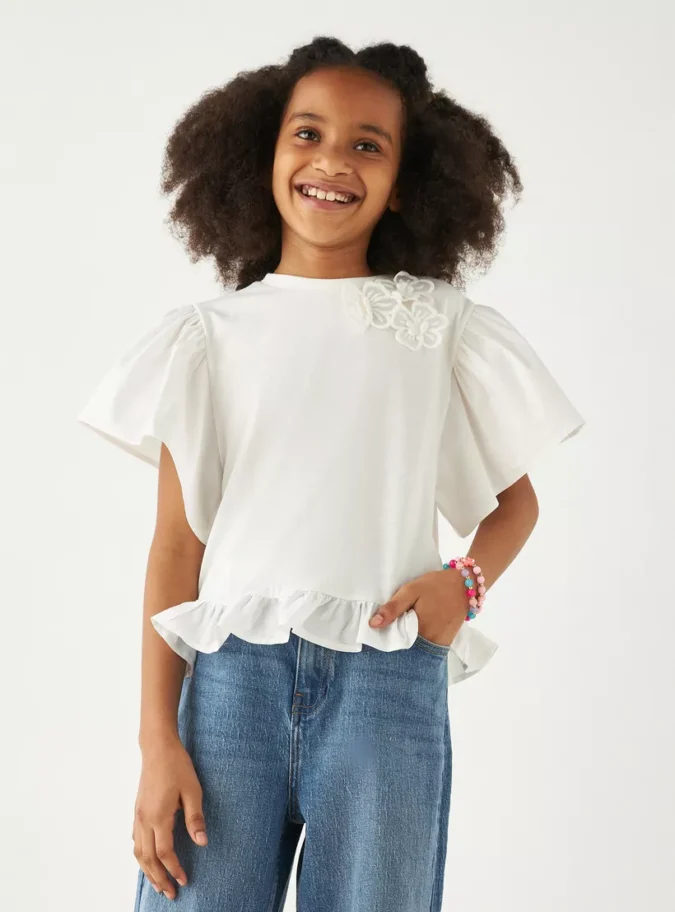 Juniors Floral Accent Top with Crew Neck and Ruffle Sleeves-1