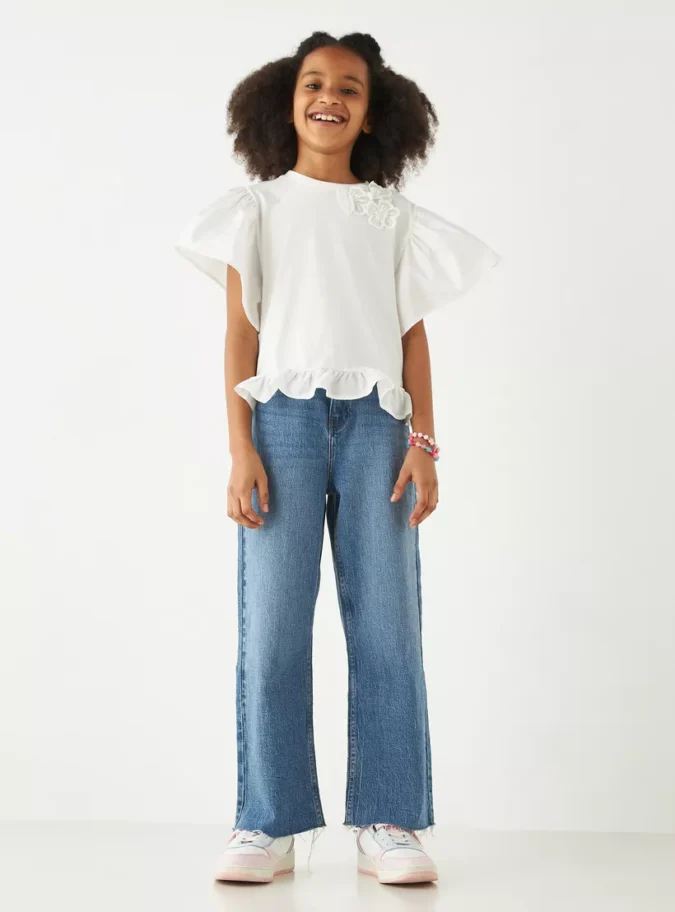 Juniors Floral Accent Top with Crew Neck and Ruffle Sleeves-2