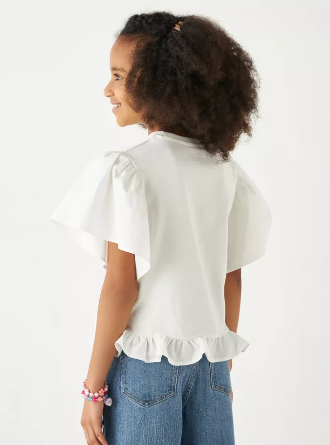 Juniors Floral Accent Top with Crew Neck and Ruffle Sleeves-3