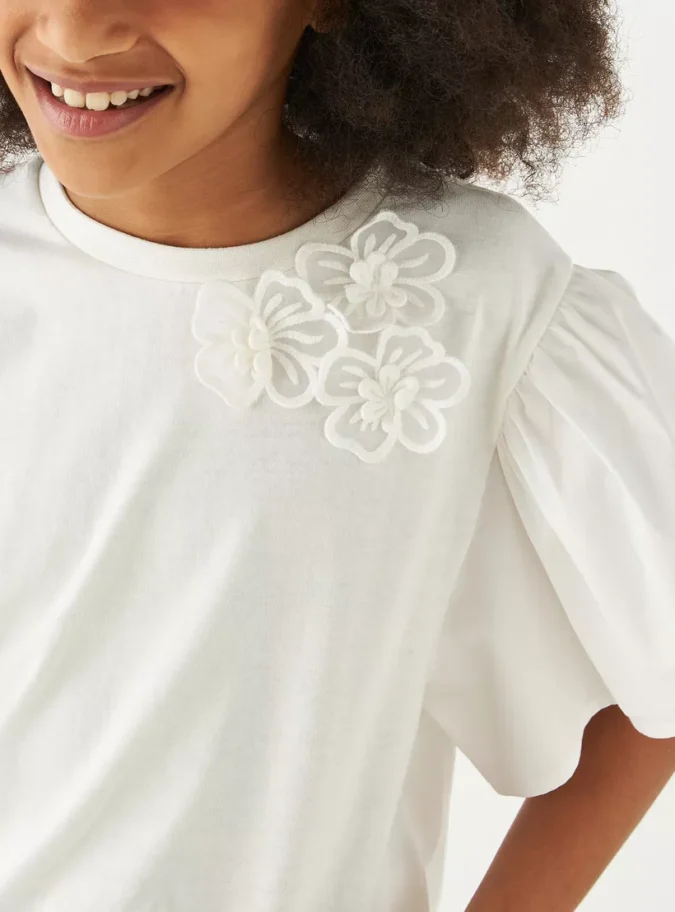 Juniors Floral Accent Top with Crew Neck and Ruffle Sleeves-4