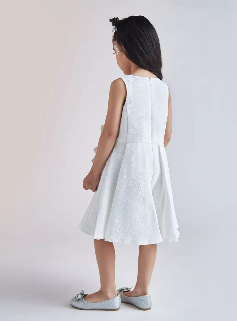 Juniors Floral Textured Sleeveless Romper with Bow Applique and Round Neck-3