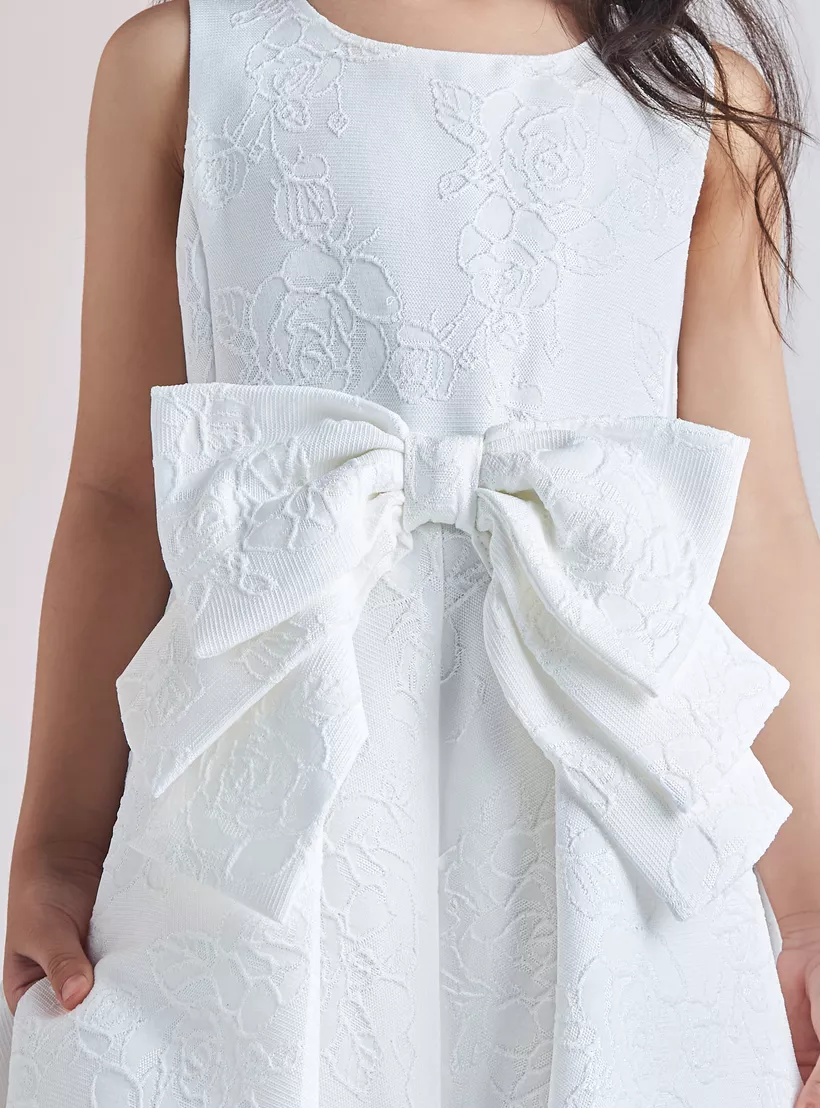 Juniors Floral Textured Sleeveless Romper with Bow Applique and Round Neck-4