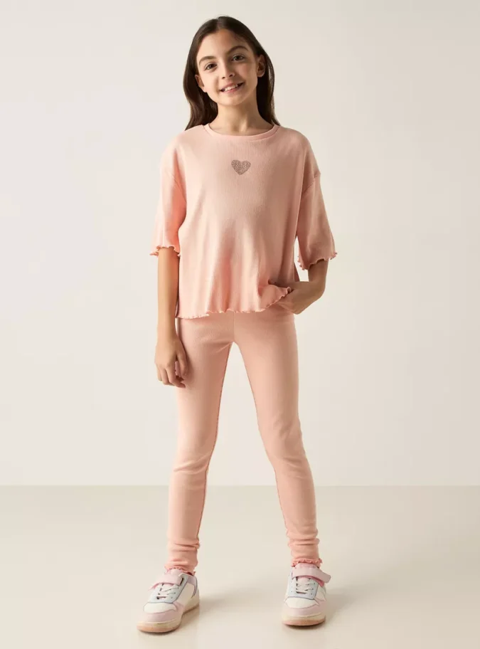 Juniors Heart Embellished T-shirt with Short Sleeves and Lettuce Hem-2