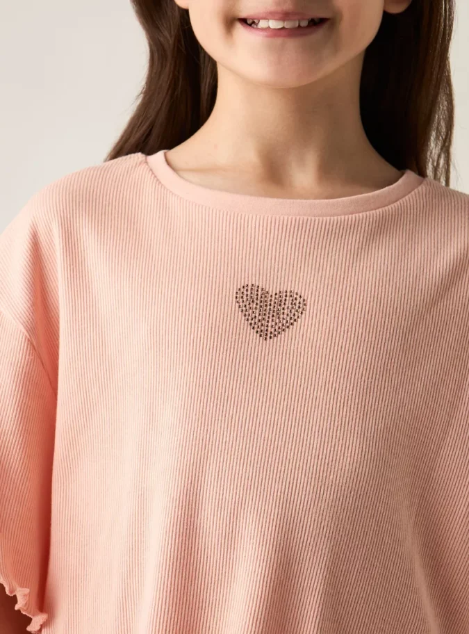 Juniors Heart Embellished T-shirt with Short Sleeves and Lettuce Hem-4
