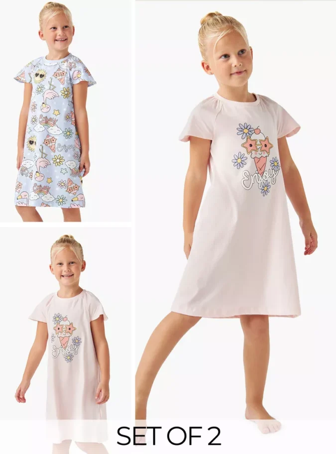 Juniors Printed Night Dress with Short Sleeves - Set of 2-1