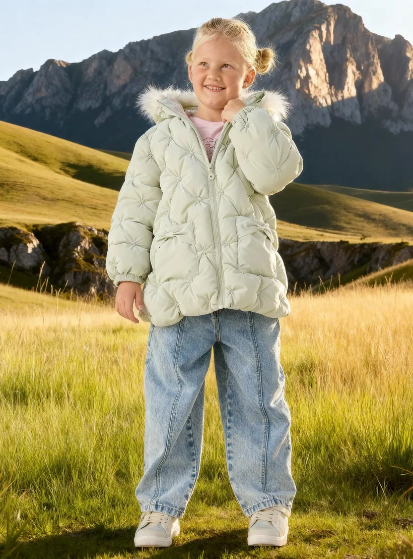 Juniors Quilted Heavy Jacket with Hood and Zip Closure-2